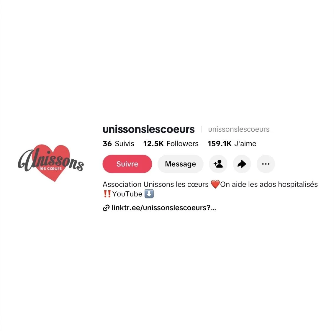 profil Instagram de l'association "Unissons les cœurs" avec un logo représentant un cœur rouge avec le texte "Unissons" écrit dessus, et des boutons pour suivre, envoyer un message ou faire un don.