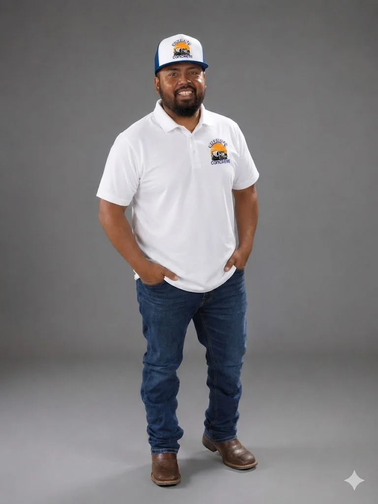 Man smiling, wearing a white polo shirt and a white and blue cap with a logo, standing against a plain gray background.