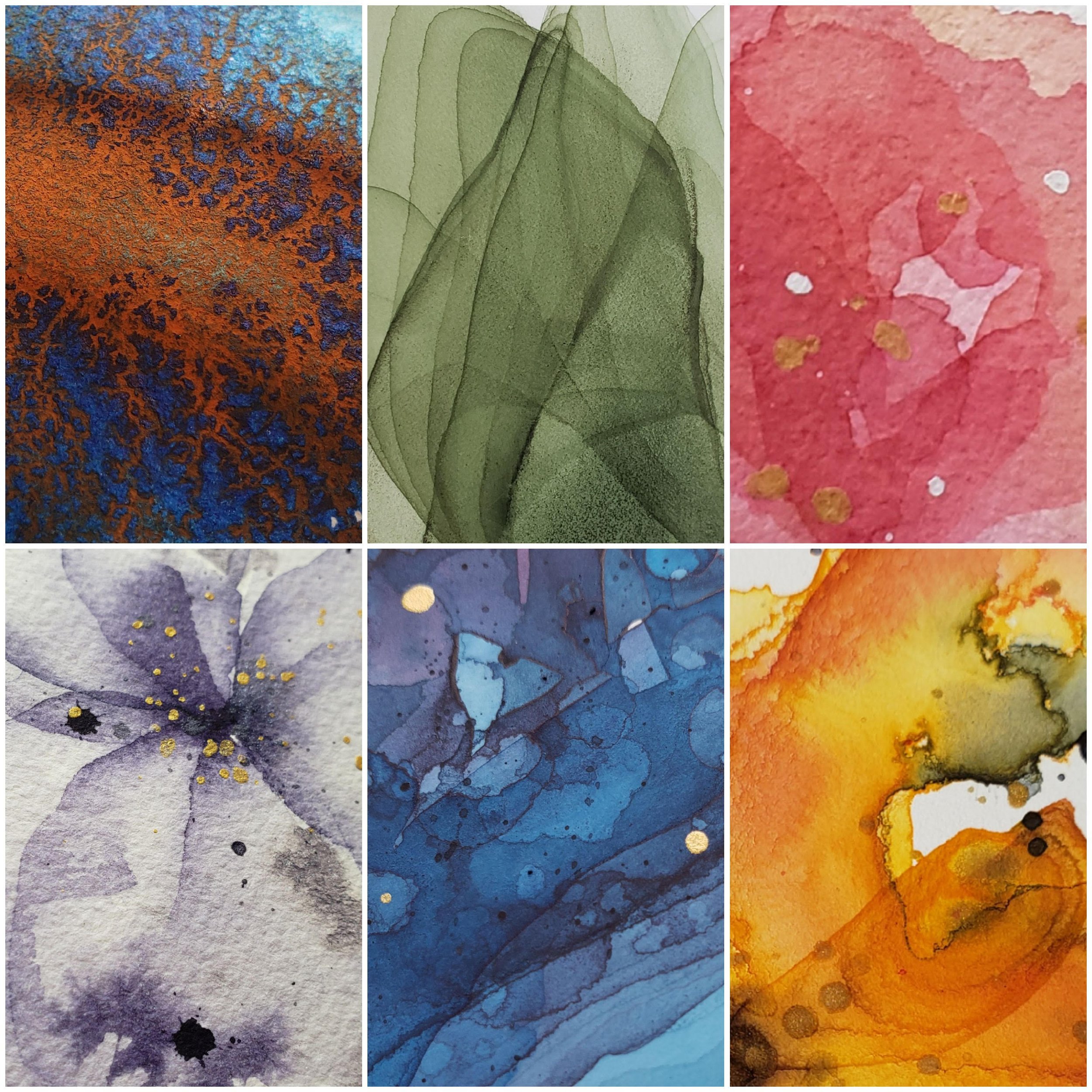 A collage of abstract watercolor paintings featuring vibrant colors including orange, blue, green, purple, and yellow with various textures and patterns.