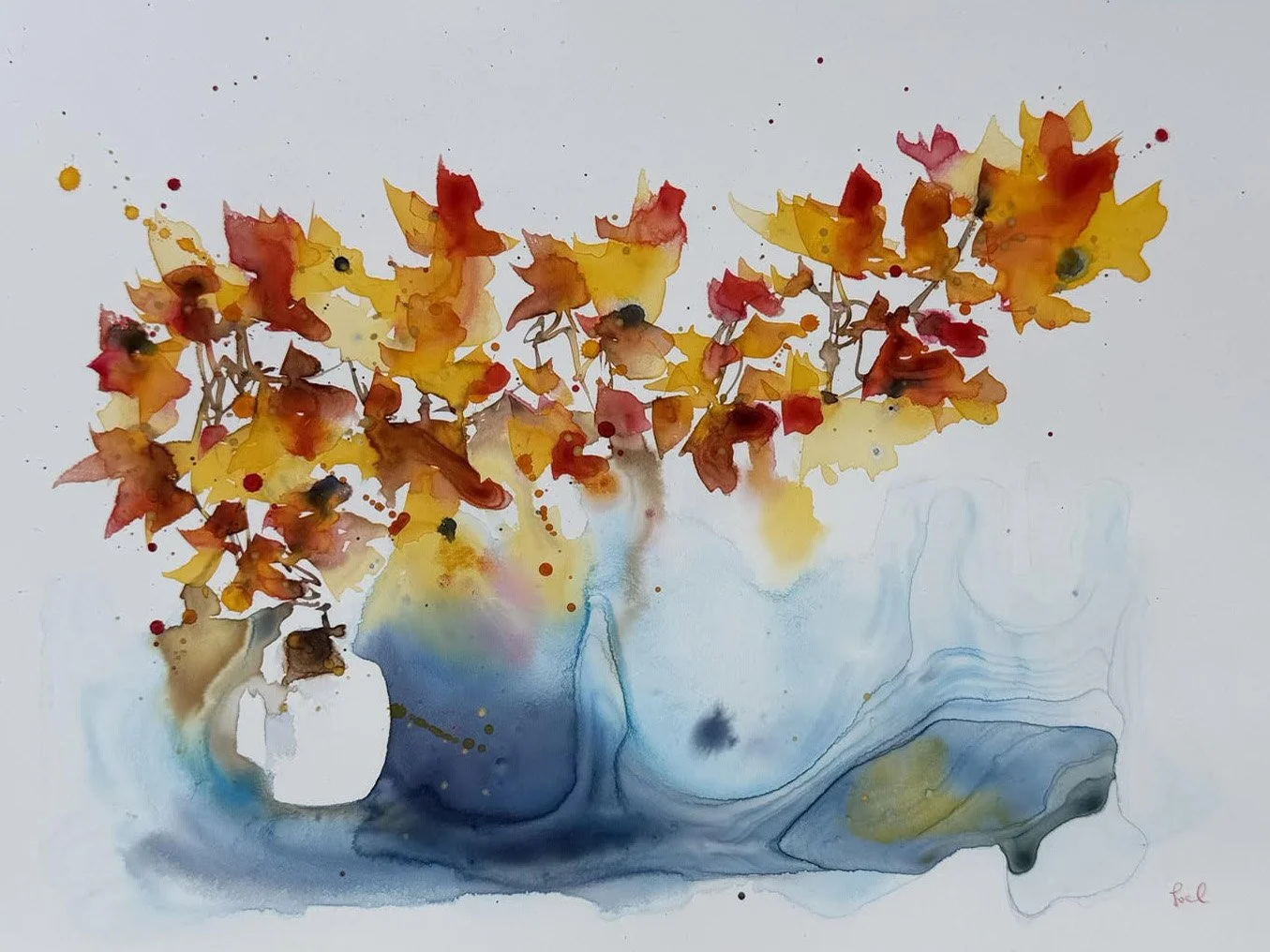Watercolor painting of a vase with yellow, orange, and red leaves, with abstract blue and gray accents at the bottom.