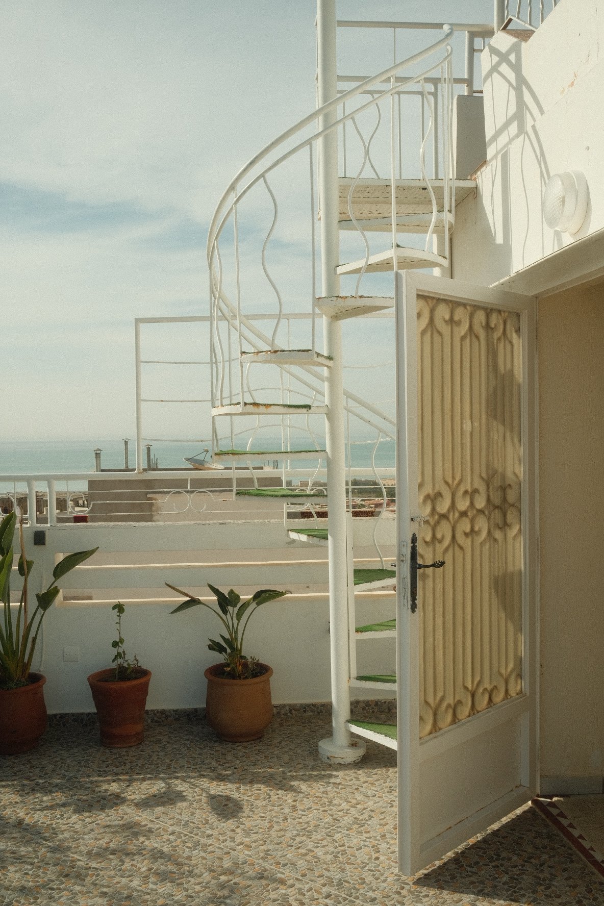 A spiral staircase with green steps, a decorative white metal railing, and an open door with a patterned glass window, leading to an outdoor area with potted plants and a view of the sea.