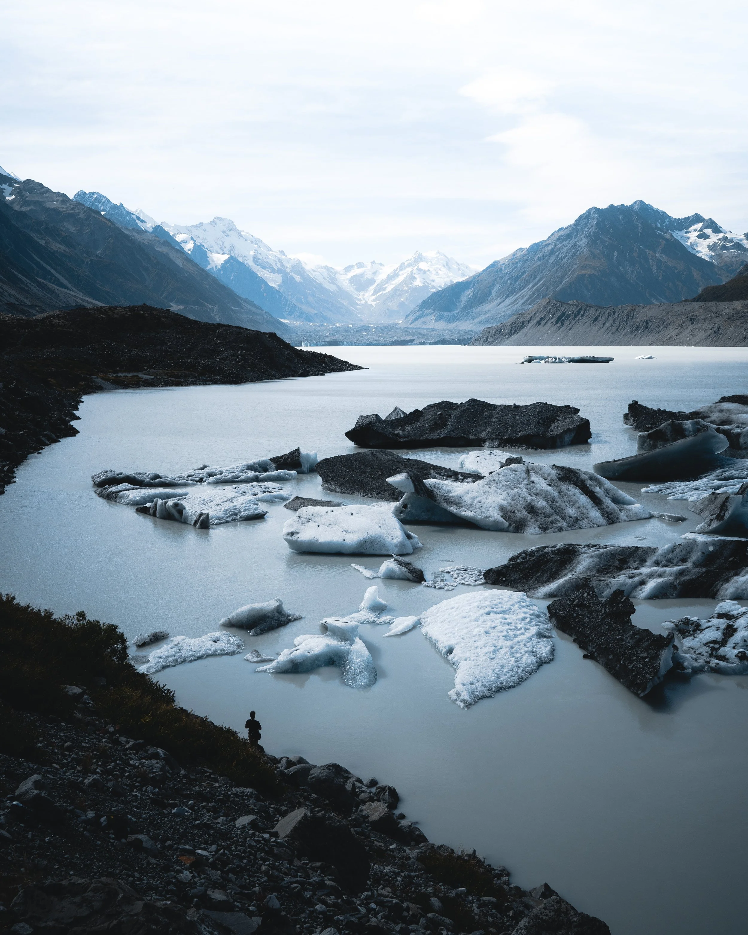 A person stands on rocky terrain by a body of water with floating ice chunks, surrounded by snow-capped mountains under a cloudy sky.