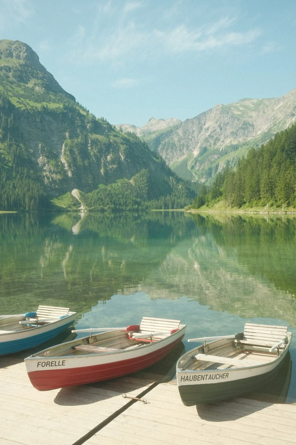Boats named Forelle and Haubentaucher on a dock beside a lake with mountains and trees in the background.