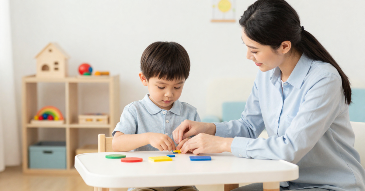 A woman and a young boy sit at a white table playing with colorful educational toys in a bright room with toys on a shelf in the background.