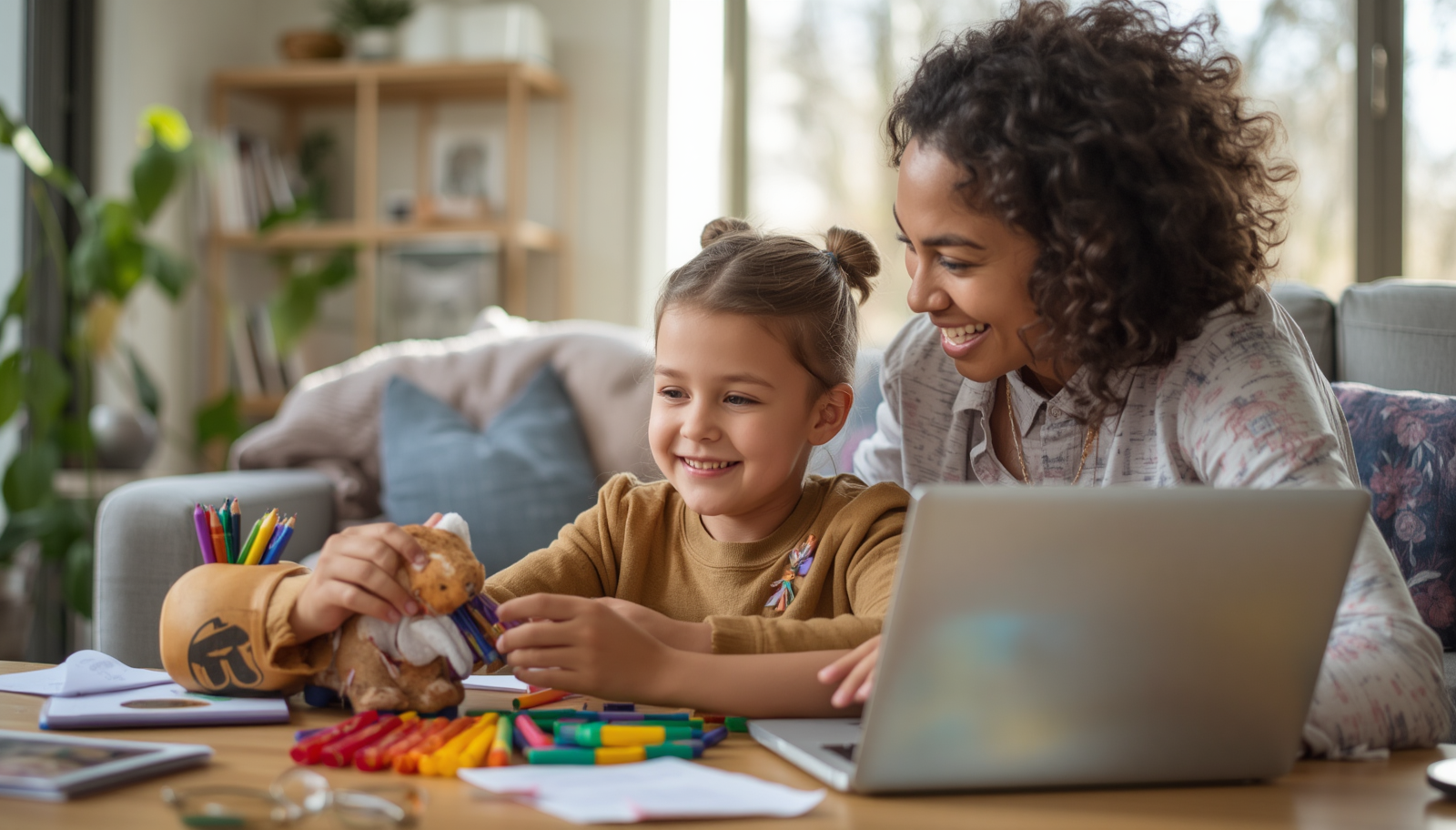 A woman and a young girl are sitting at a table with colorful markers, papers, and a laptop, smiling and playing with a stuffed animal. The background shows a cozy living room with a window and houseplants.