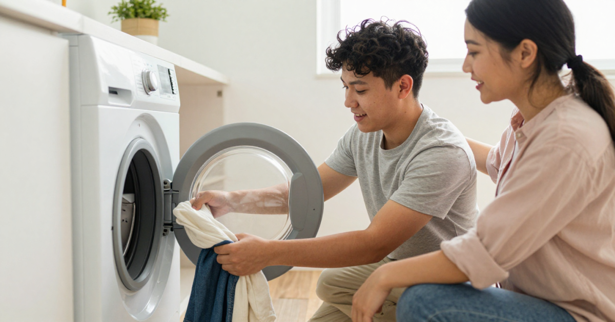 A young man and woman are smiling and loading laundry into a front-loading washing machine in a bright, modern laundry room.