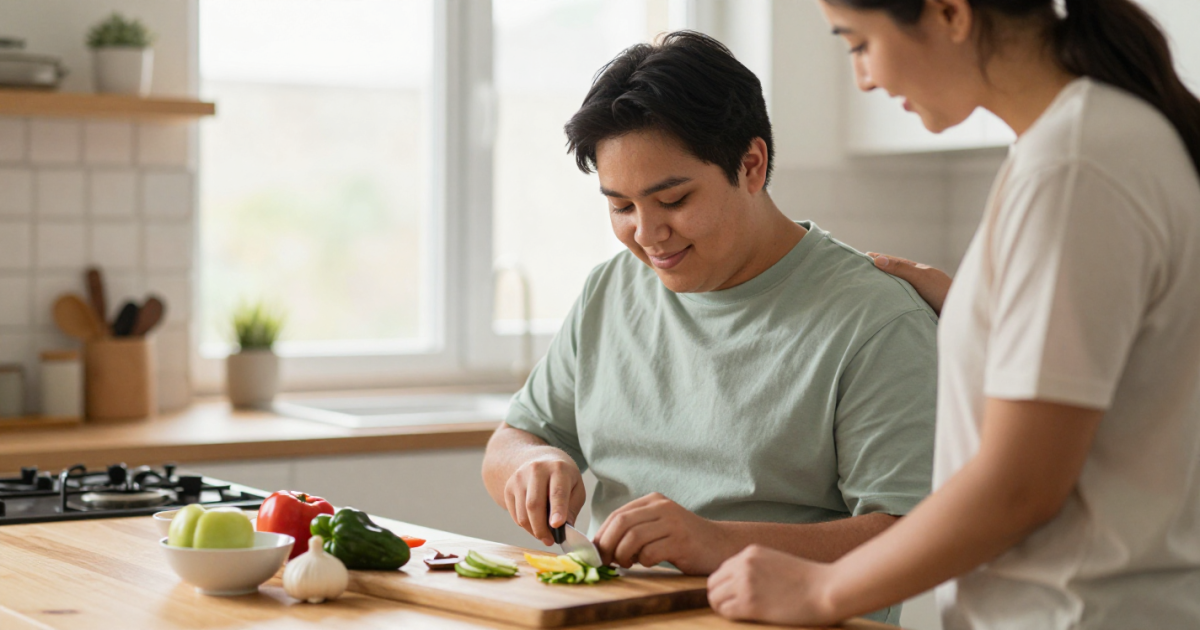 A young man is chopping vegetables at a kitchen counter while a woman, possibly his mother, stands beside him with her hand on his shoulder, both smiling.