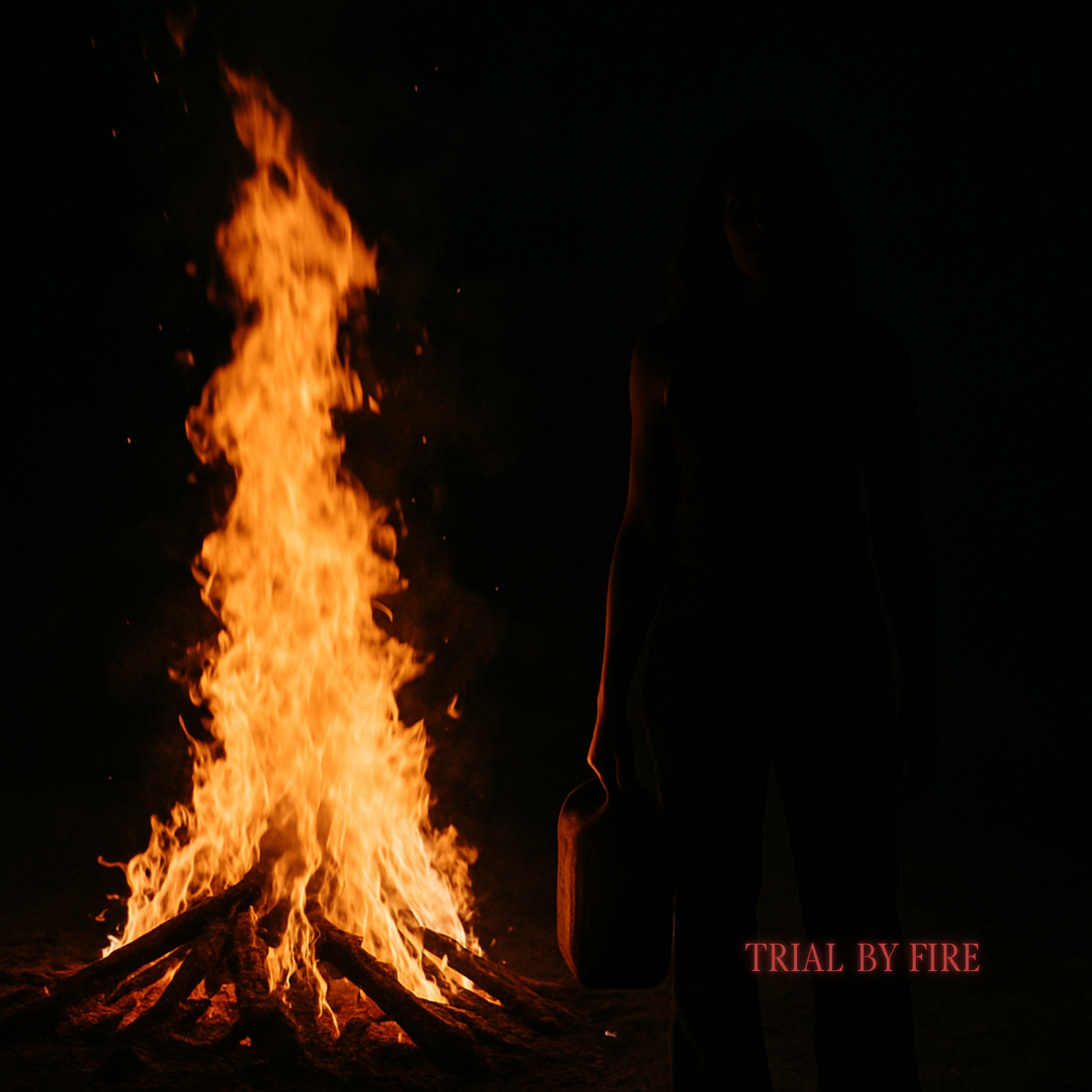 Silhouette of a person standing near a large bonfire at night with the text 'TRIAL BY FIRE' in red at the bottom right corner. Official cover artwork for "Trial By Fire" by singer-songwriter Arjé Rayne featuring a lone figure beside a bonfire at nigh