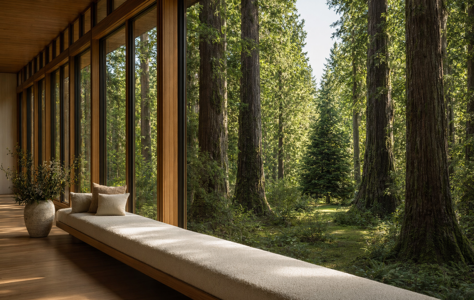 Cedar trees through a window in the Pacific Northwest