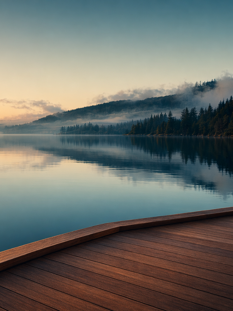 View of a calm lake with reflections of trees and foggy mountains in the background, seen from a wooden dock at sunrise or sunset.