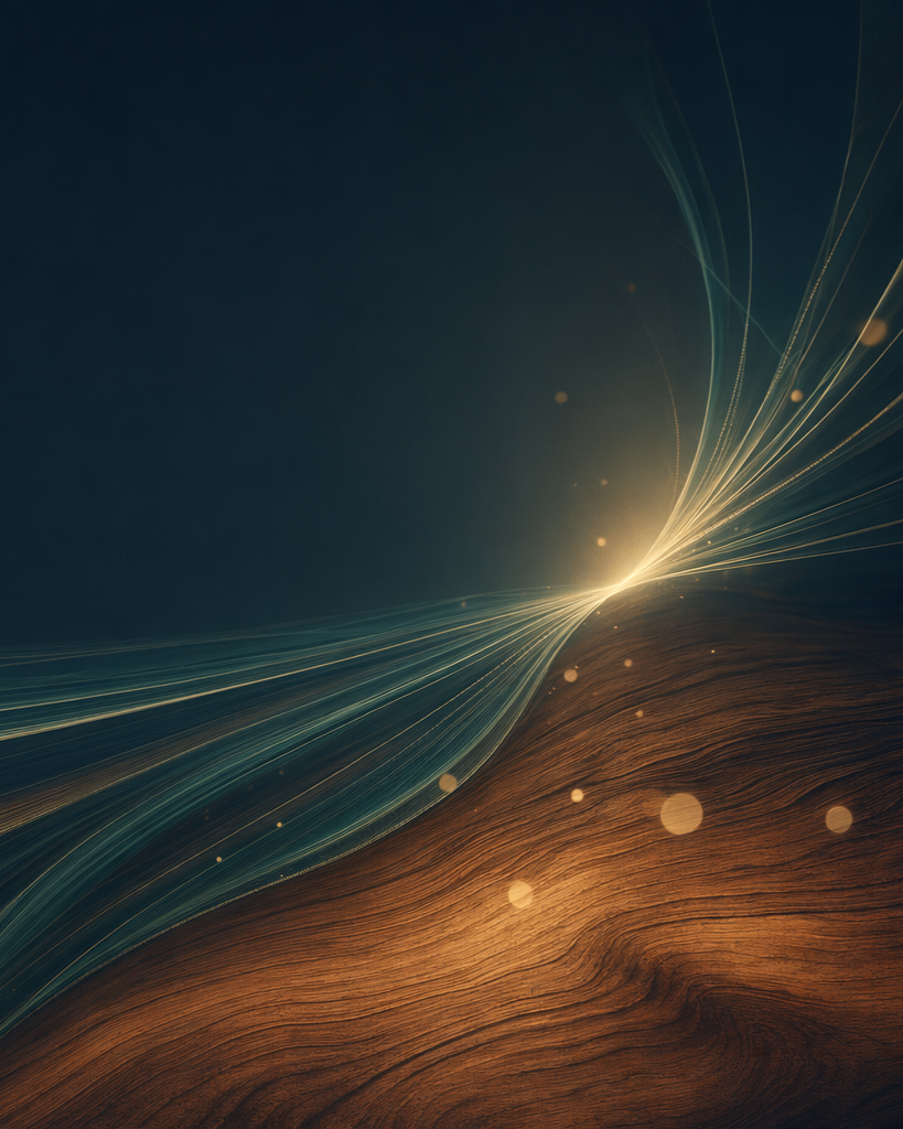 Abstract digital artwork with glowing light streaks and particles over a wooden textured surface.