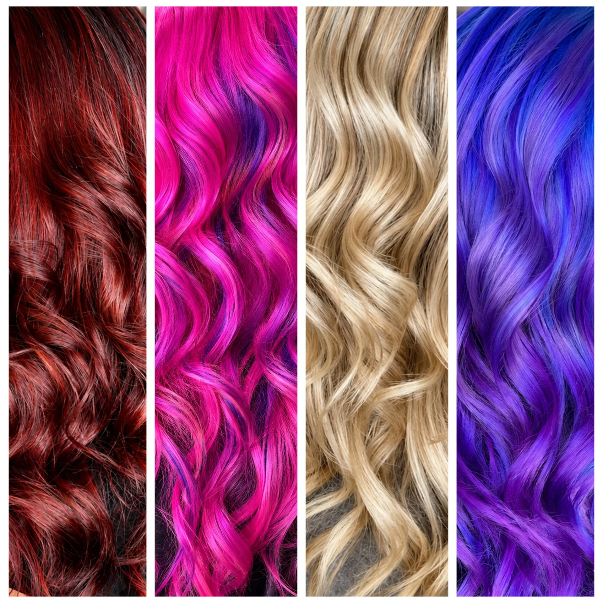 Four swatches of hair in different colors: red, pink, blonde, and purple, styled in loose waves.