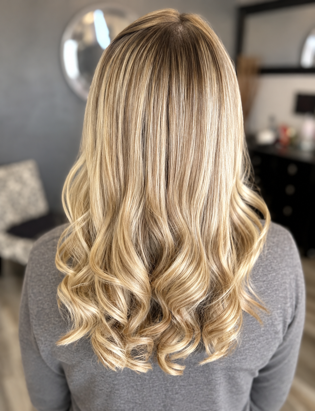 Back view of a person with long, blonde, wavy hair in a salon. Gray top, gray wall, and salon equipment visible in the background.