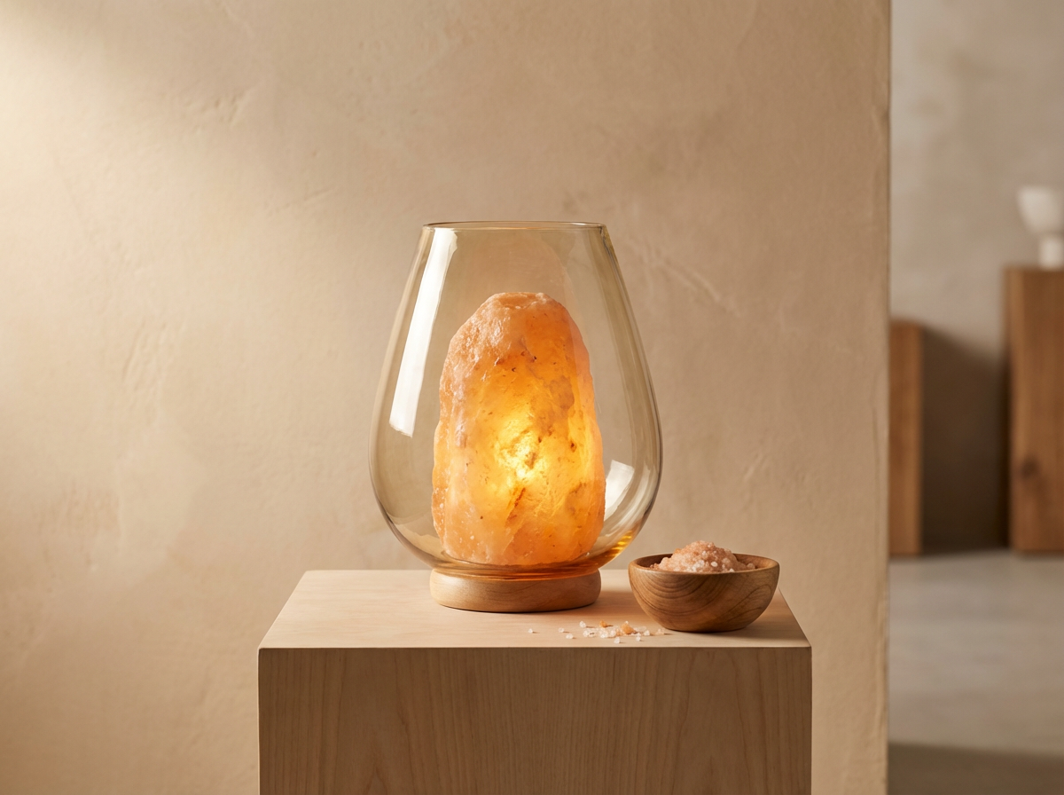A Himalayan salt lamp inside a glass container, placed on a wooden pedestal, with a small bowl of Himalayan salt crystals beside it.