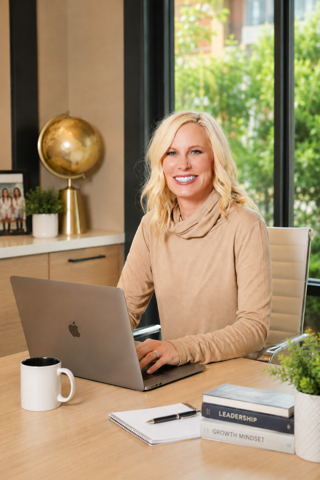 A smiling woman with blonde hair working on a laptop in an office, with a globe, framed photograph, and potted plant on the desk behind her.