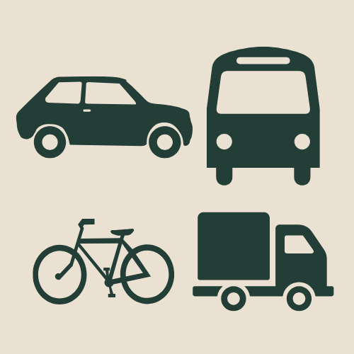 Icons of a car, bus, bicycle, and delivery truck on a beige background - diverse transportation options