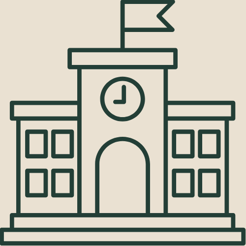 Outline drawing of a school building with a clock, flag, and multiple windows.