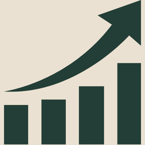 Bar chart with increasing bars and an upward arrow indicating growth or progress.