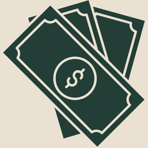 Illustration of four paper currency bills with dollar signs on them.