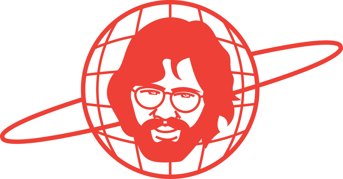 Illustration of a person's face with glasses inside a globe with grid lines and an elliptical ring around the globe.