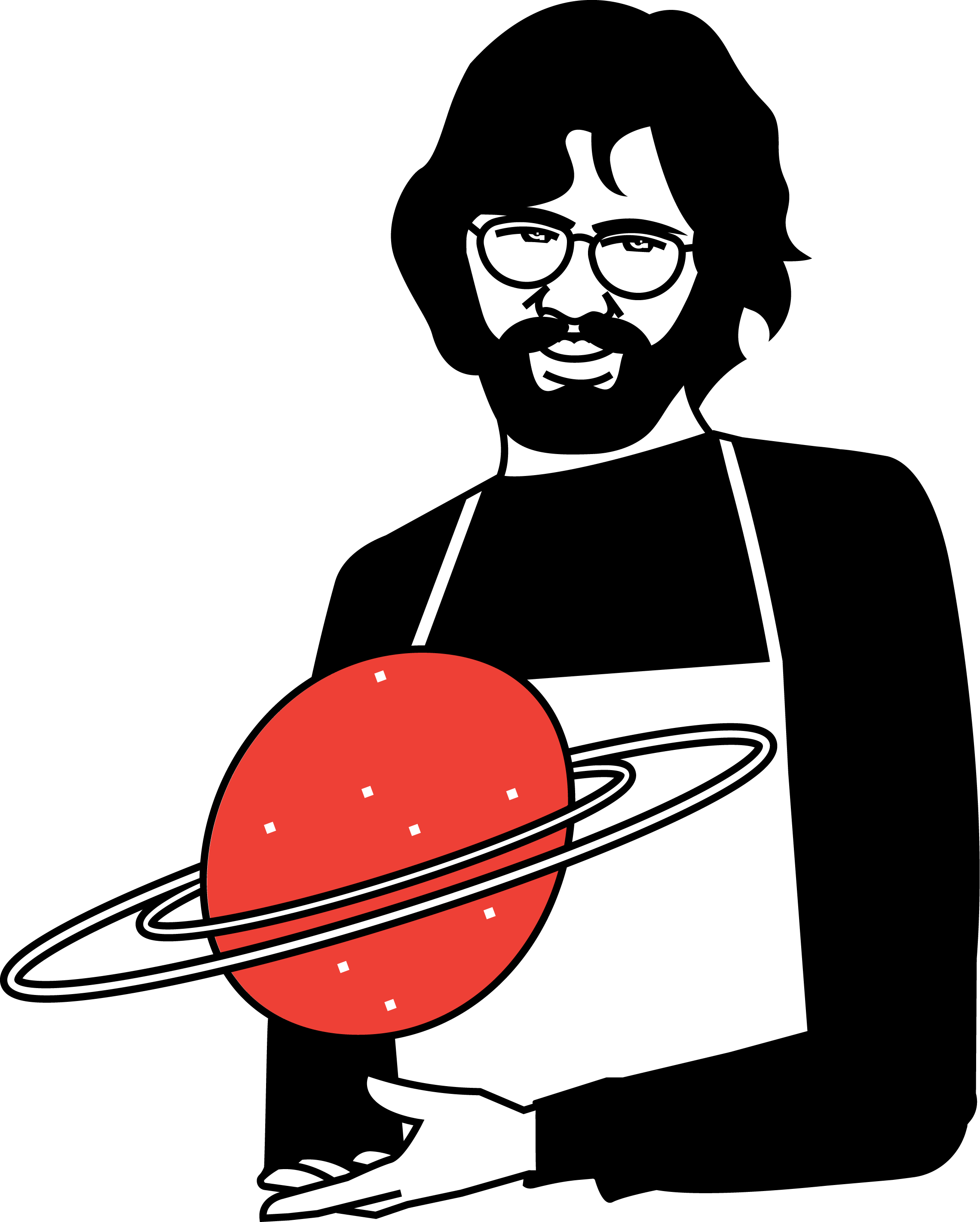 A monochrome illustration of a person named Hoagie with glasses, facial hair, and curly hair, holding a red planet and orbiting ring.