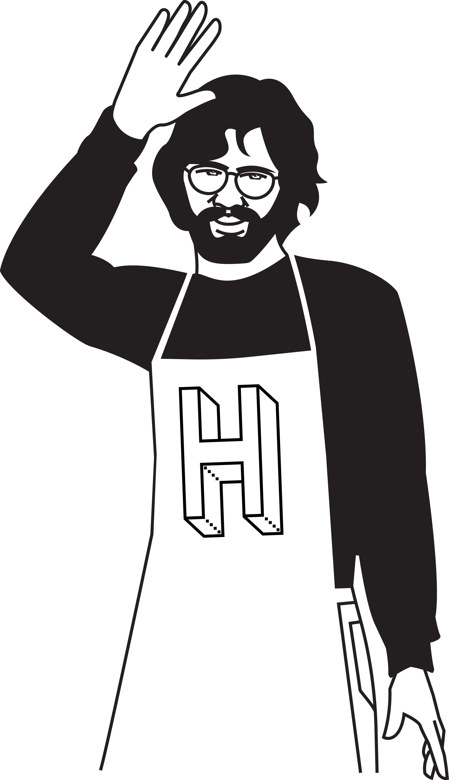 Illustration of a man named Hoagie with glasses and wavy hair, wearing a black top and a white apron, waving his hand hello.