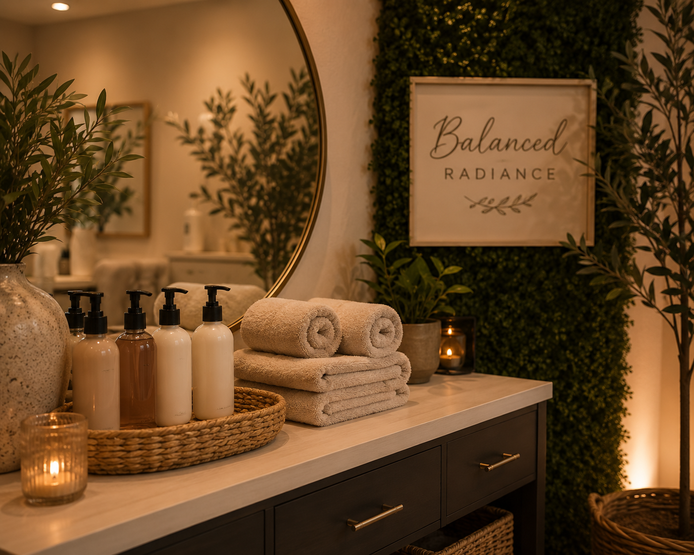 Bathroom vanity with stacked towels, bottles of lotion, potted plants, mirror, and a framed sign reading "Balanced Radiance" in a warm, softly lit decor.