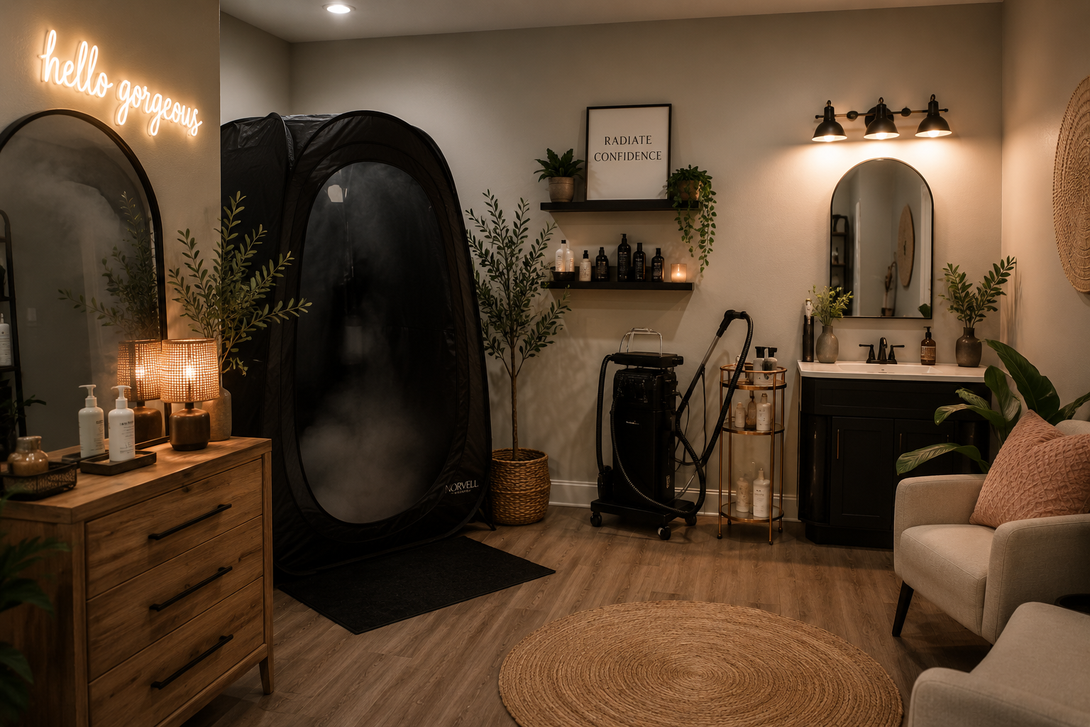 A cozy wellness or spa room with a black steam tent, a wooden dresser with skincare products, a glowing neon sign that says 'hello gorgeous,' a mirror, plants, shelves with bottles, a massage or skincare cart, and a comfortable armchair. The room is warmly lit and decorated with natural and modern elements.