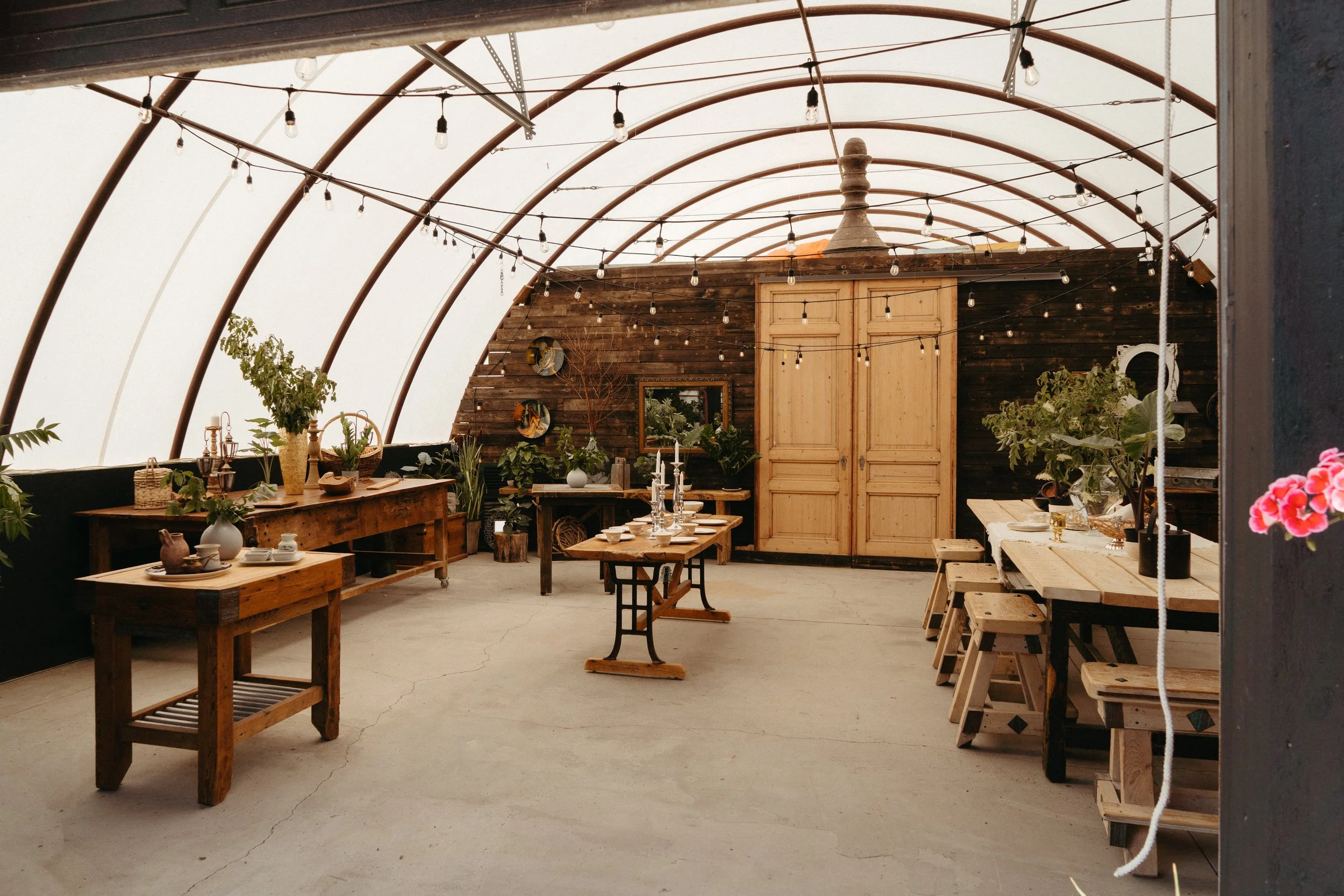 Interior of a rustic greenhouse or dining space with wooden tables and benches, string lights hanging from curved metal beams, and potted plants and decor on the tables and walls.