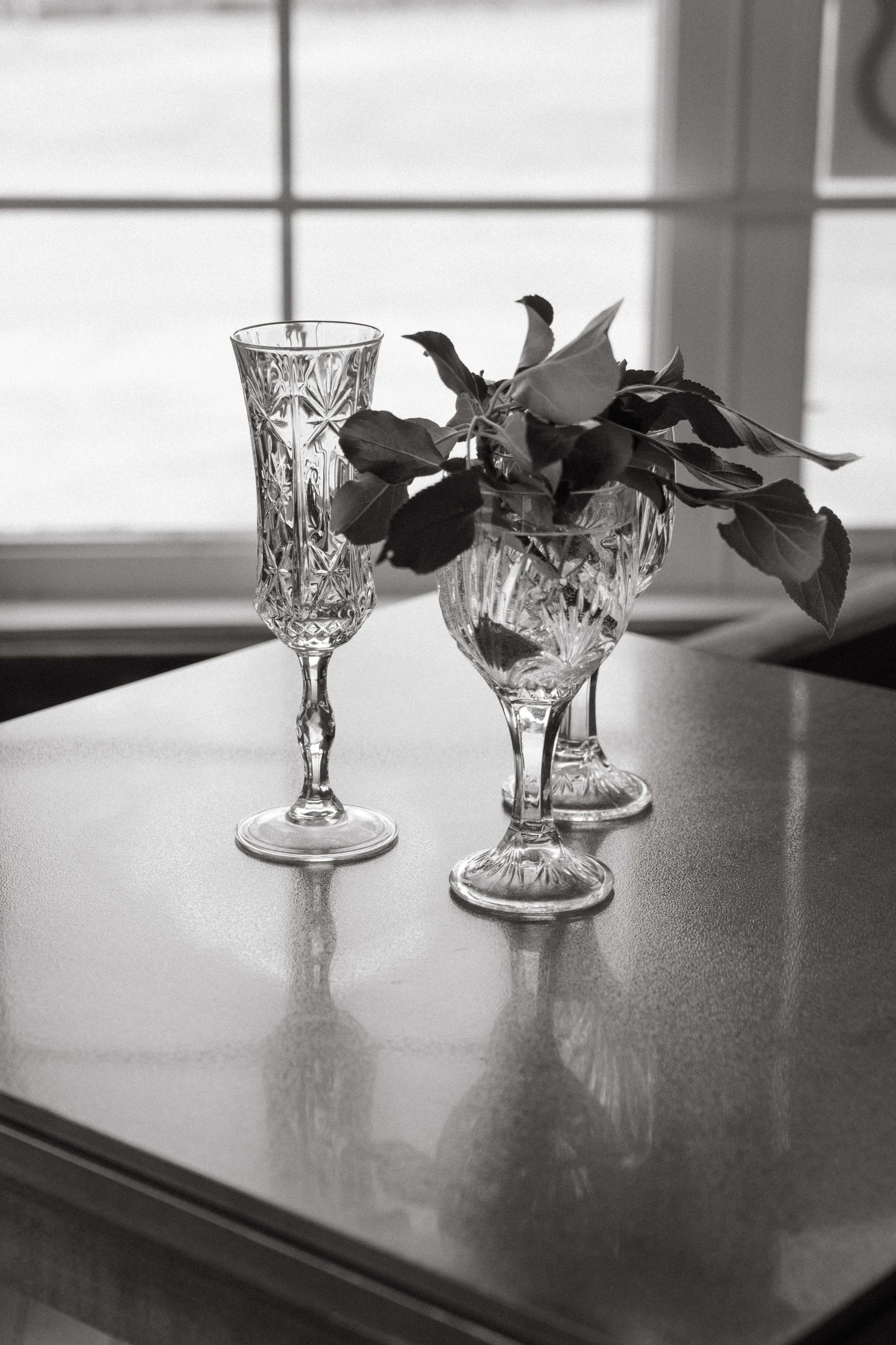 Three ornate glass vases, one empty, one with a rose plant, placed on a smooth surface in front of a window with grid framing.