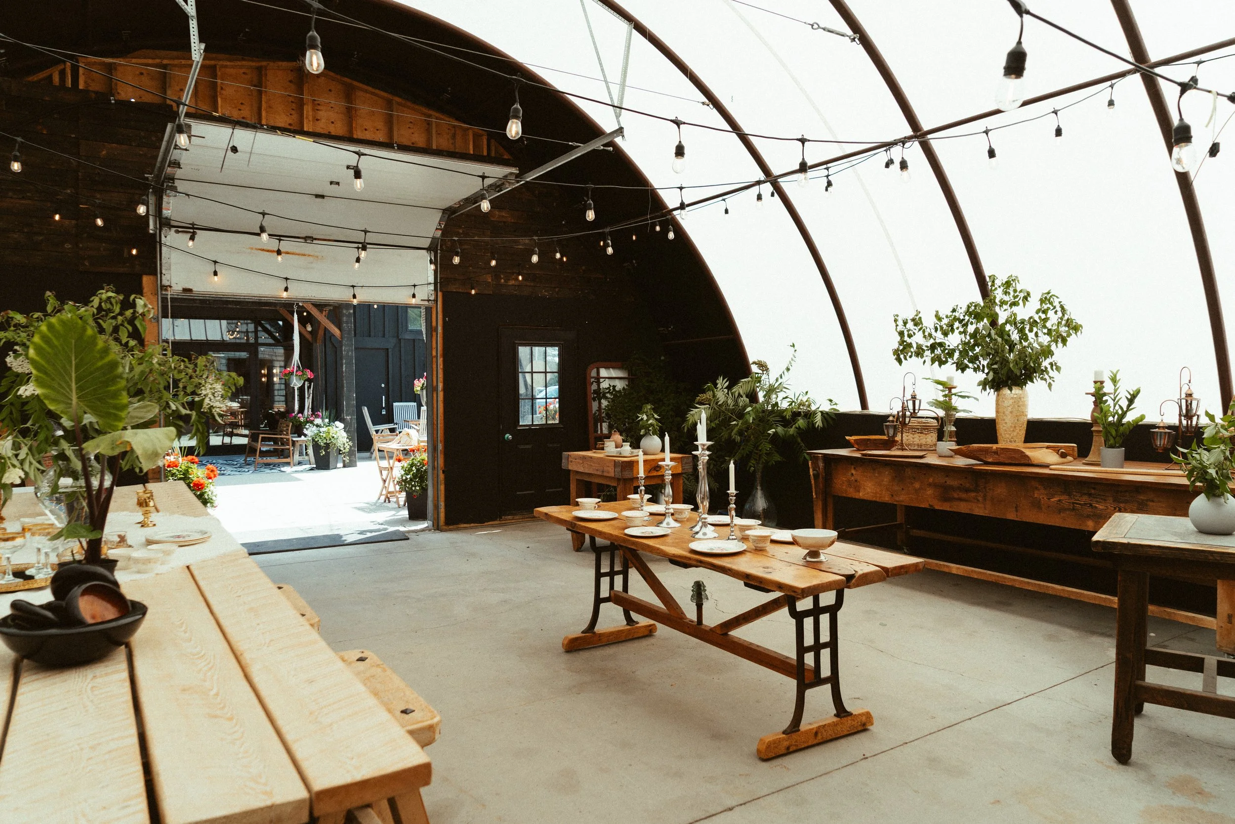 The image shows a rustic indoor or semi-outdoor dining space with wooden tables, decorated with white dishes and candlesticks, surrounded by greenery, and lit with string lights hanging from the ceiling's curved metal framework.