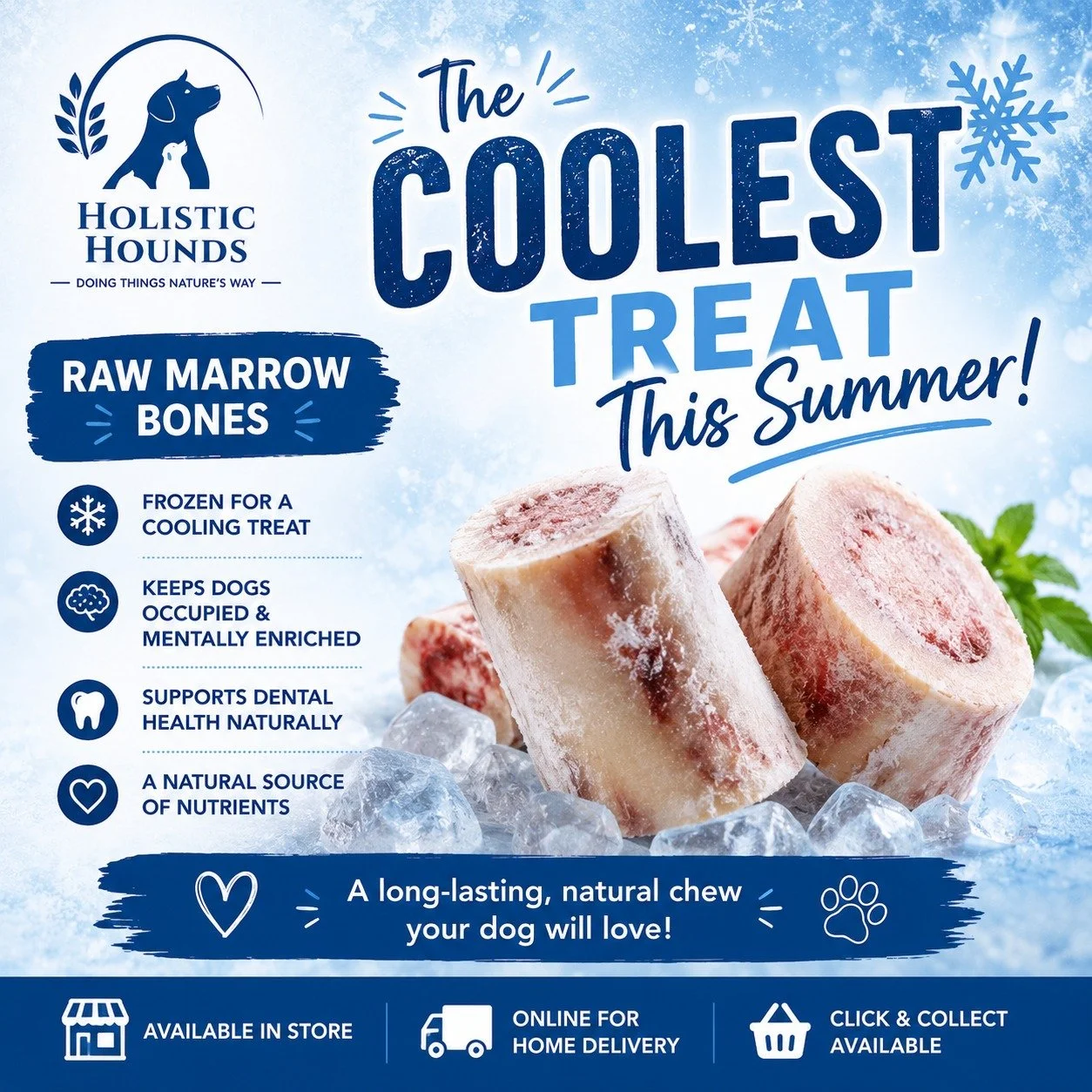 Here's a post that's educational, seasonal and subtly promotes the product.

🦴❄️ Looking for a natural way to help keep your dog cool this summer?

Our Raw Marrow Bones are more than just a delicious chew&mdash;they make a fantastic frozen treat on 