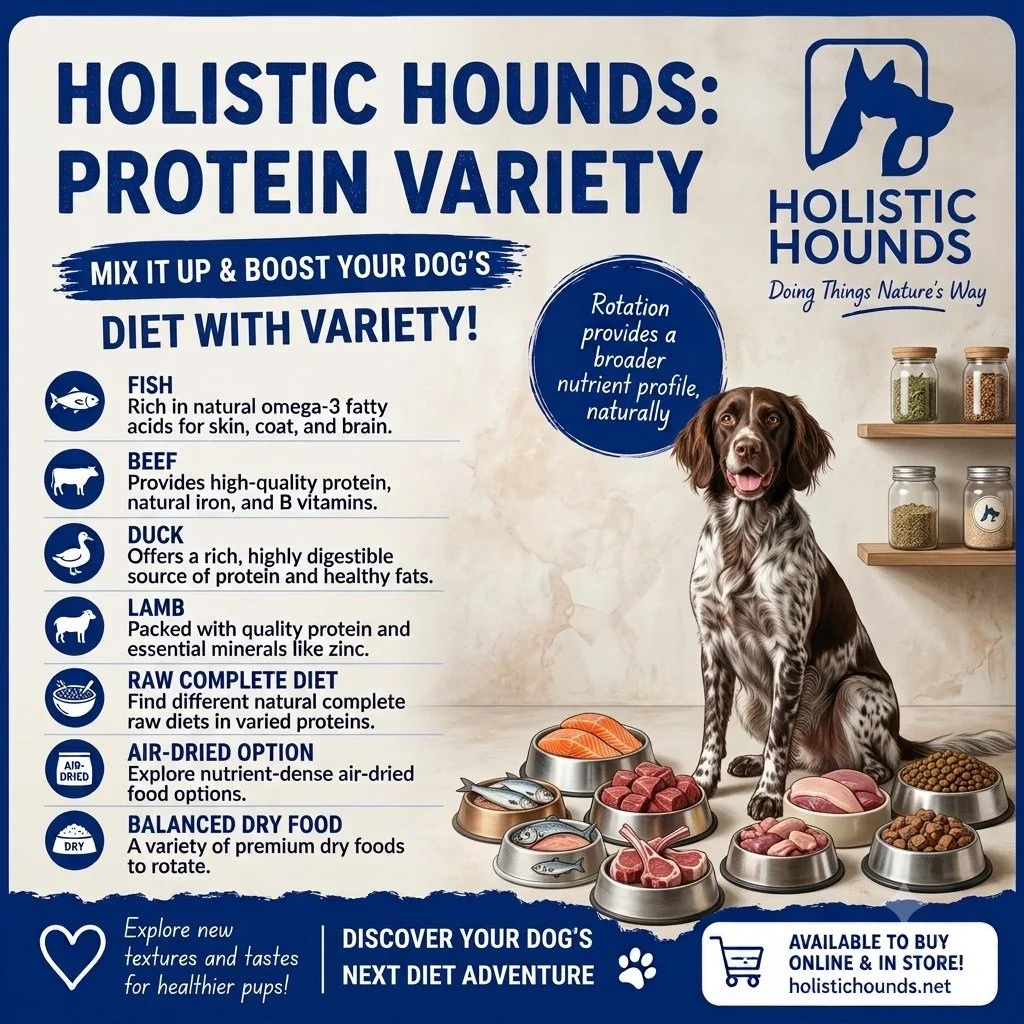 🥩🐟 Why Variety Matters in Your Dog's Diet
Feeding a variety of proteins isn't just about keeping mealtimes interesting. Different protein sources naturally provide different nutrients, so rotating between them can help offer a broader nutritional p