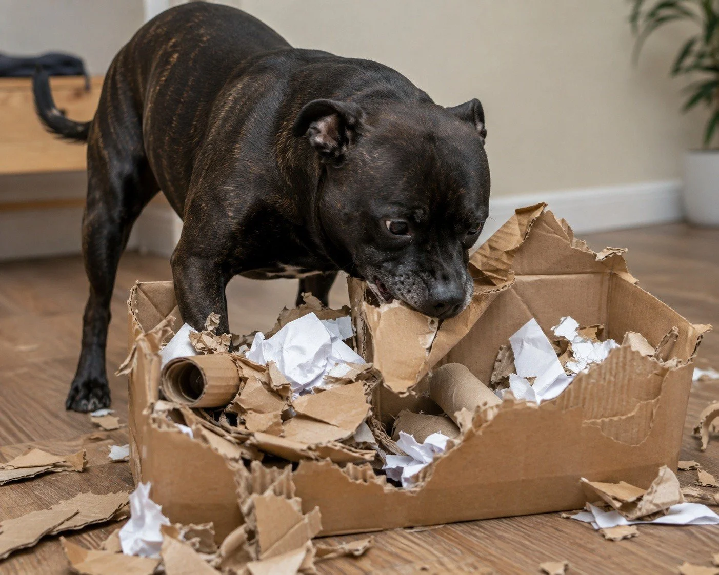 📦🐾 Turn an old cardboard box into an exciting enrichment activity!

Before you recycle that cardboard box, why not give it a second life as a destruction box for your dog?

Simply fill a cardboard box with scrunched-up paper, cardboard tubes or oth