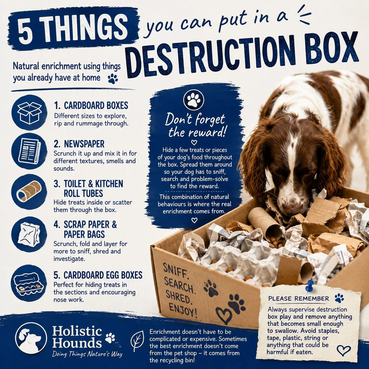 🐾 5 things you can put in a destruction box 🐾

Dogs are naturally inquisitive. They sniff, search, dig, rip, tear and investigate &mdash; so sometimes the best enrichment is simply giving them a safe opportunity to do what comes naturally.

A destr