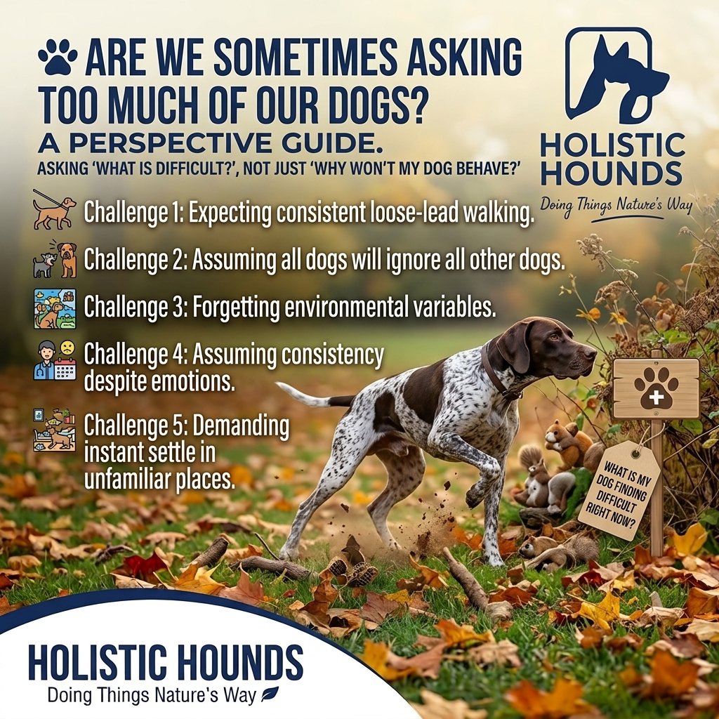 🐾 Are we sometimes asking too much of our dogs?

We expect our dogs to walk nicely on the lead.

To ignore other dogs.

To come back immediately when called.

To sit quietly when asked.

To greet people politely.

To settle wherever we take them.

T