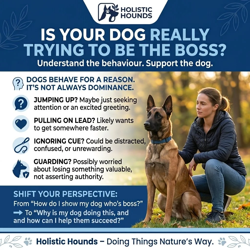 🐾 Is your dog really trying to be the boss?

You've probably heard someone describe a dog as dominant because they pull on the lead, jump up at people or refuse to do what they're asked.

But here's the thing: these behaviours don't automatically me