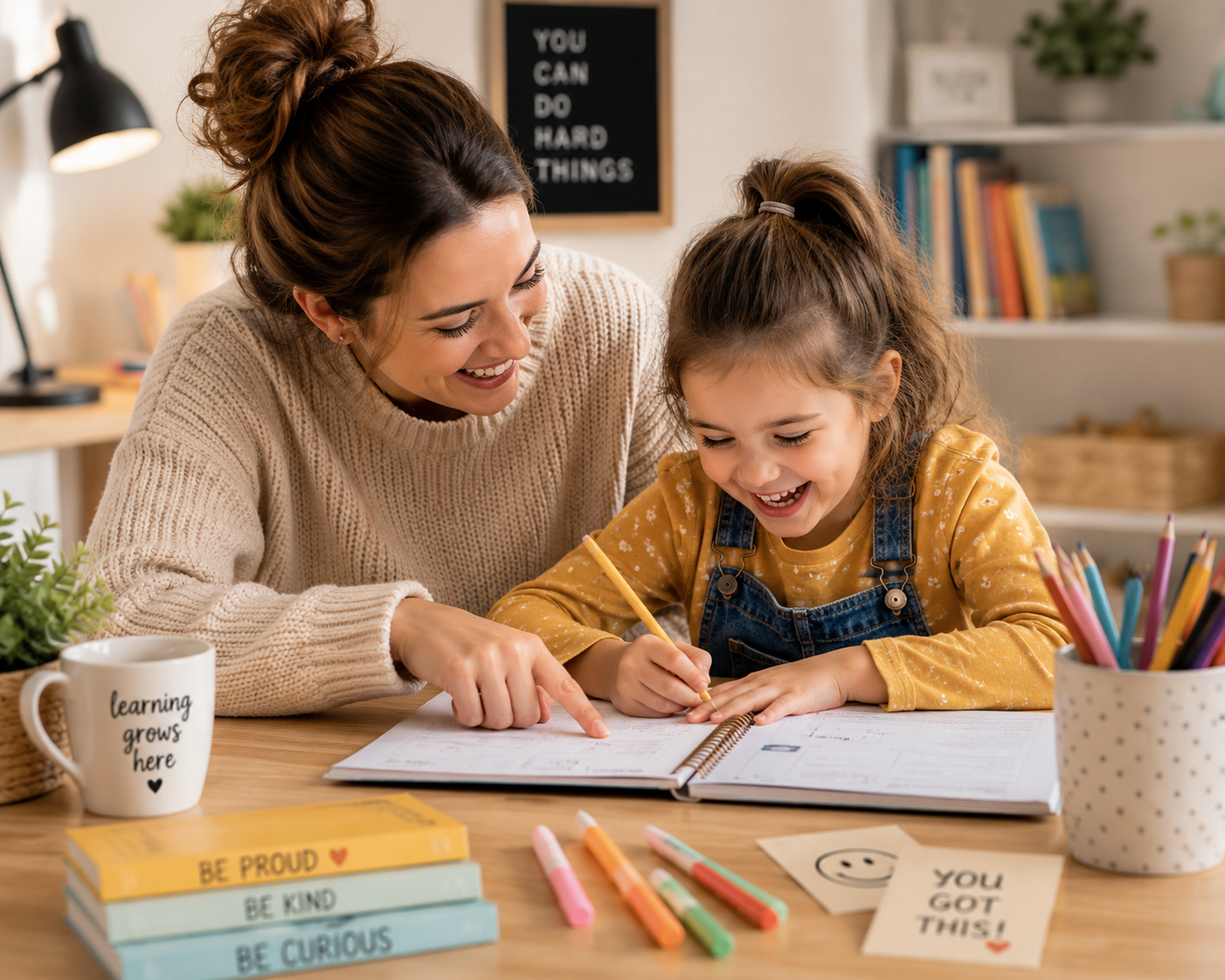 A woman and a young girl smiling and working together at a desk with notebooks, colorful pens, and motivational books, in a cozy, well-lit home office.