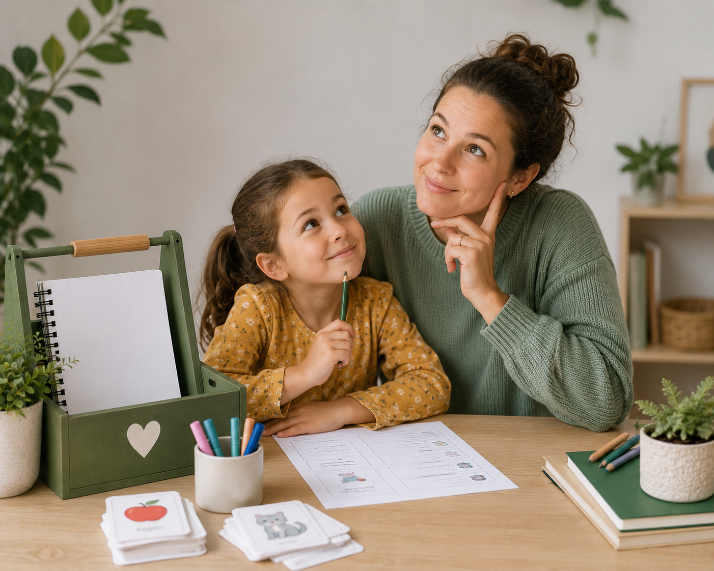 A woman and a young girl sitting at a desk, looking at each other and smiling. The girl is holding a green pencil and has a worksheet in front of her. The desk has various school supplies and flashcards, and there are potted plants in the background.