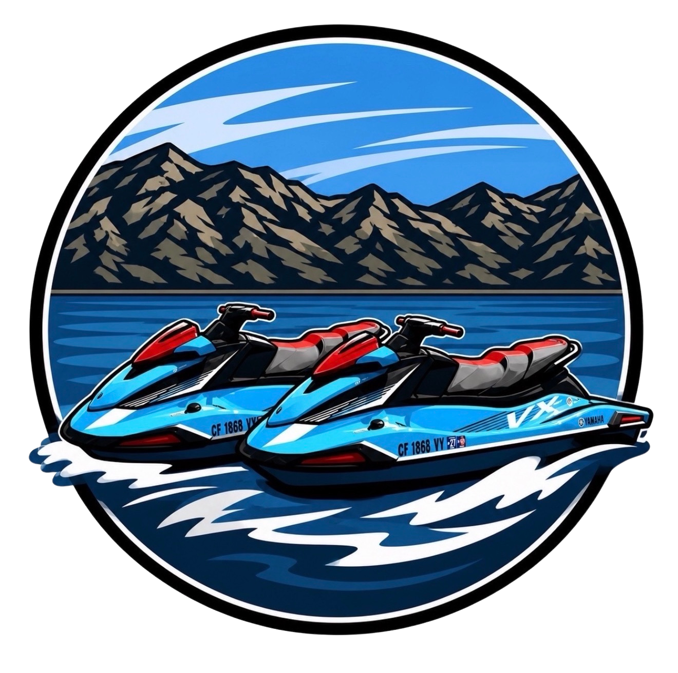 A circular emblem featuring two blue and black jet skis on water with mountains and a partly cloudy sky in the background.