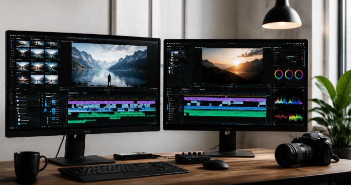 Dual monitor setup on a wooden desk showing photo editing software with landscapes, a camera, keyboard, mouse, coffee mug, and a potted plant in the background.