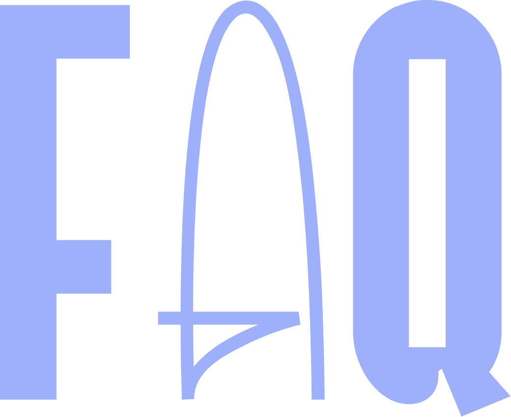 Large, stylized letters spelling 'FAQ' in light blue on a black background.