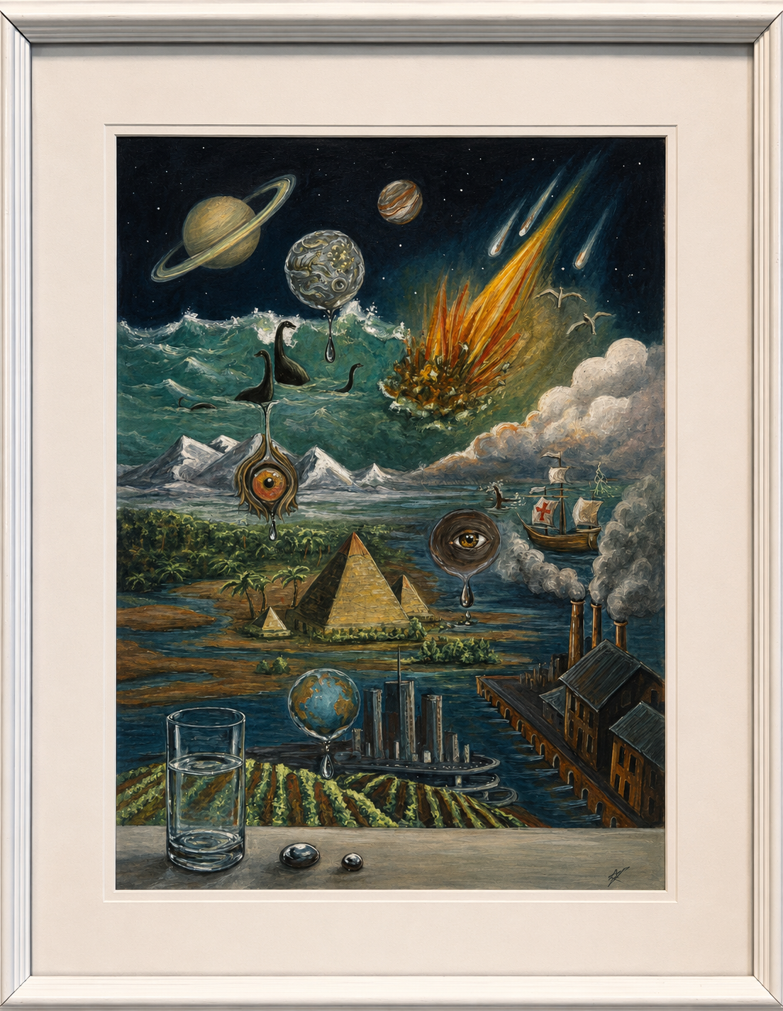 Surreal painting featuring planets, comets, meteors, and stars in space; a meteor impacts the Earth with fiery explosion; ocean with whales; pyramids; factory emitting smoke; floating eyes and other abstract elements.