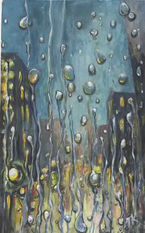 Ethereal Rain: Gouache Cityscape Painting