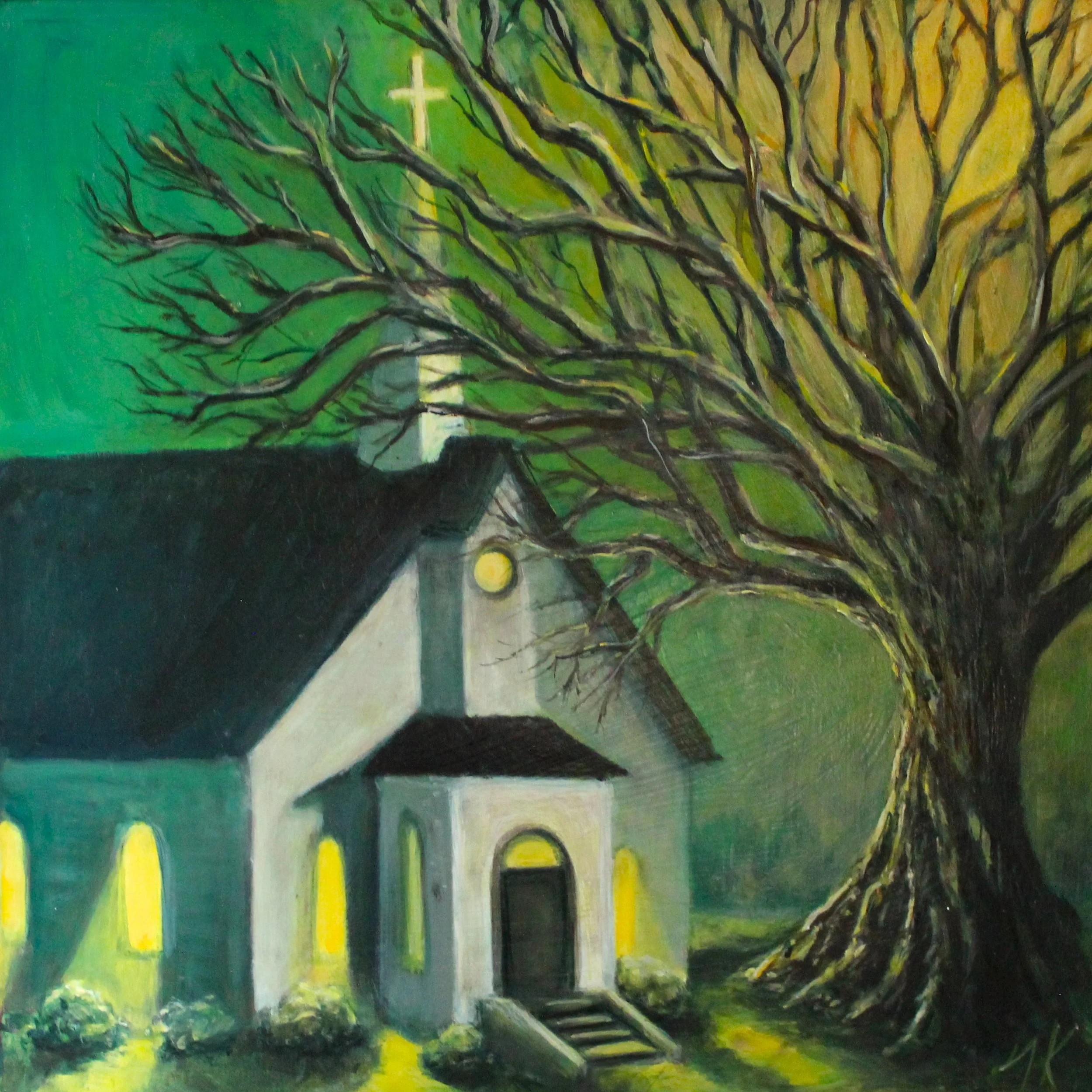 A painting of a large, leafless tree with twisted branches on a vibrant background with green, yellow, black, and gray hues, featuring a cross and circular shapes.