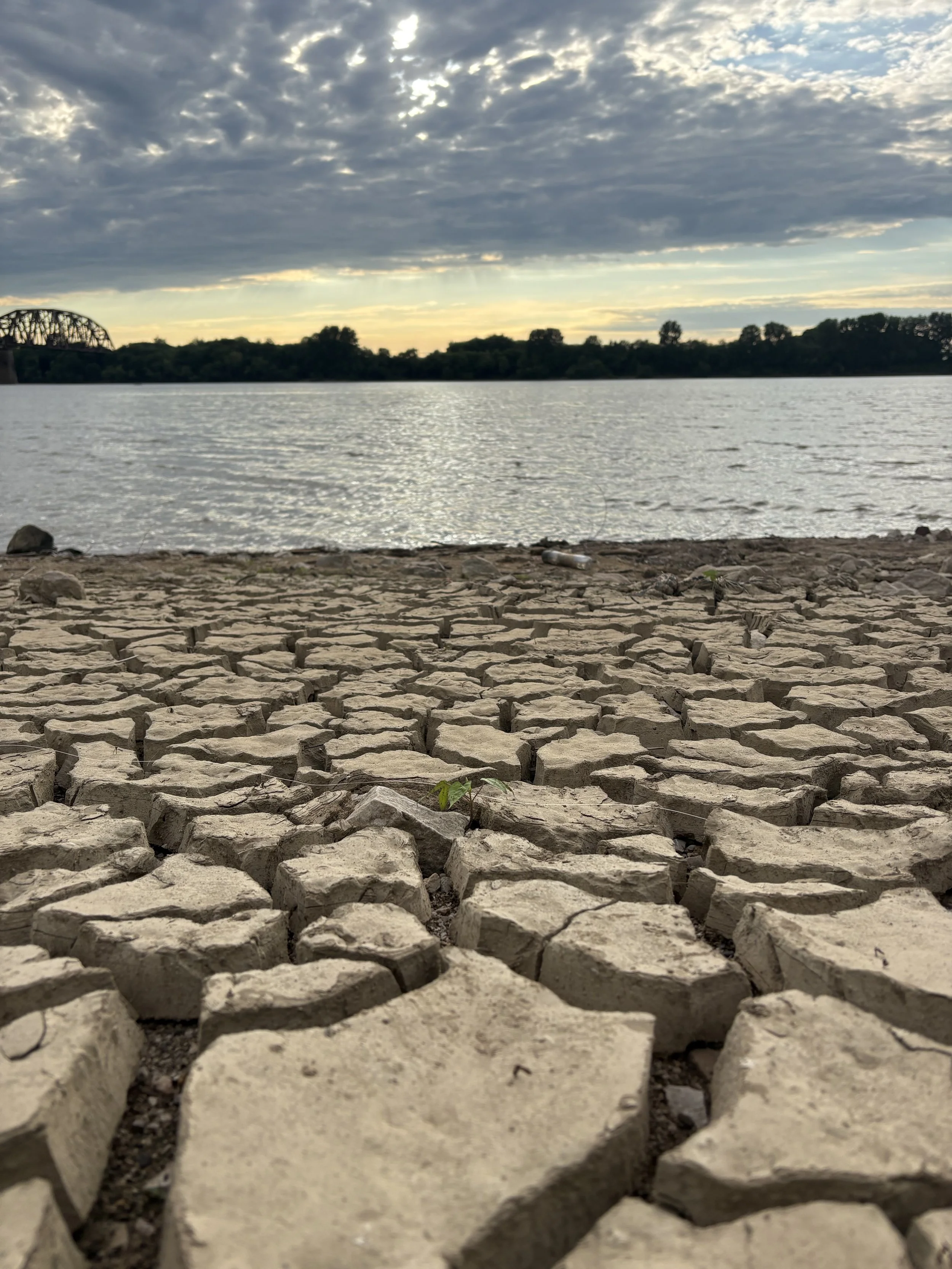 A dry, cracked riverbed with scattered rocks in the foreground, a body of water, trees along the shoreline, and a cloudy sky at sunset in the background.