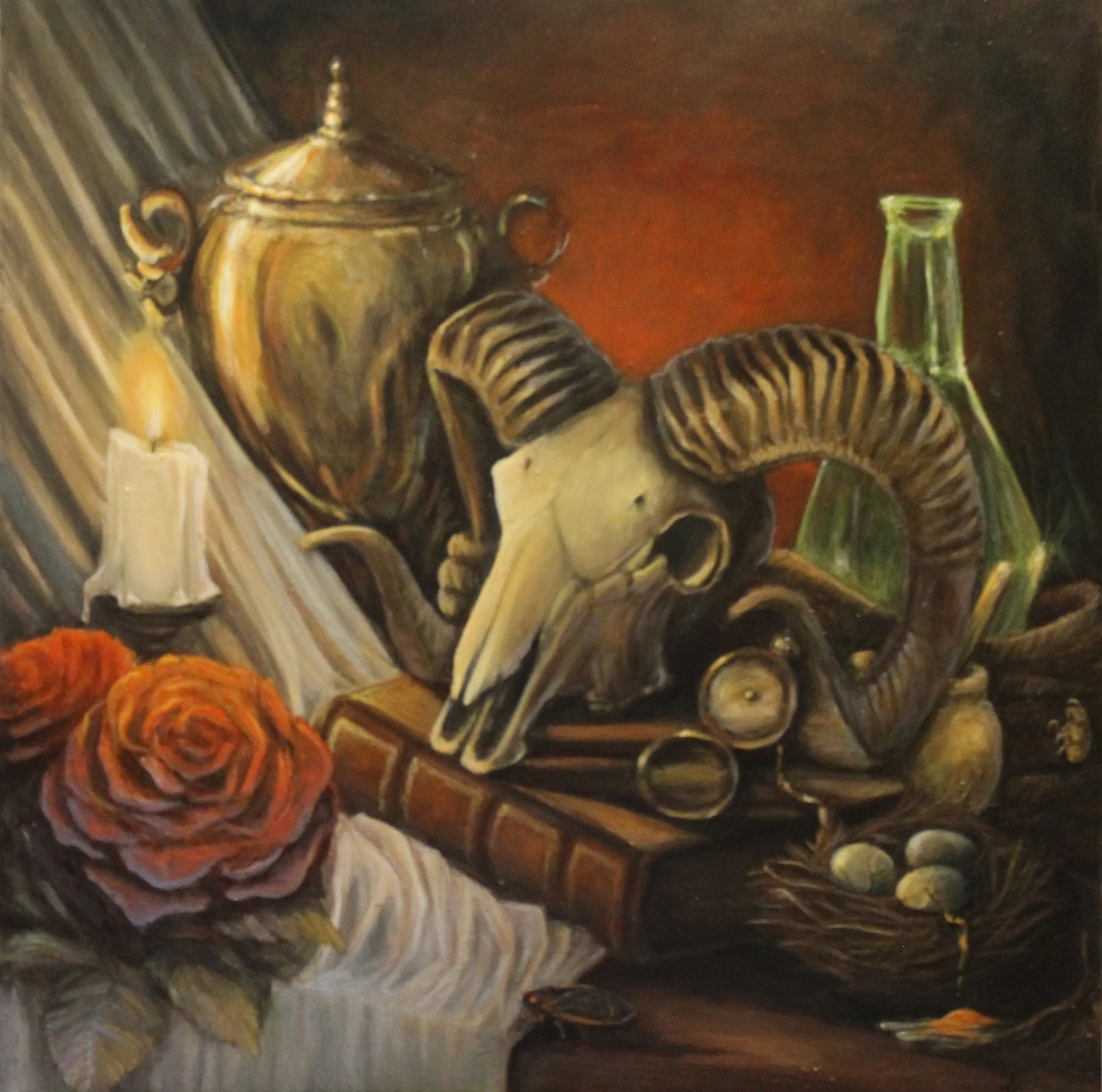 A still life painting featuring an ornate teapot, a clear glass bottle, and a cluster of orange roses, set against a dark background with swirling brushstrokes.