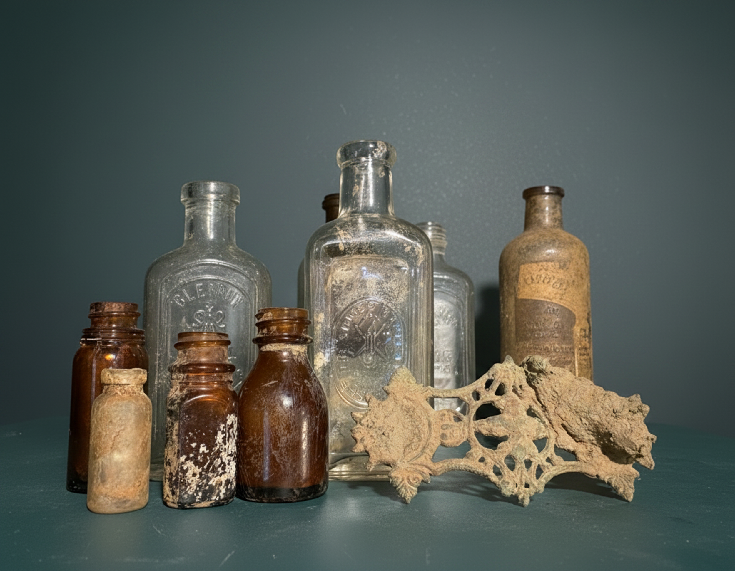 A collection of old glass bottles, some with cork stoppers, and a piece of decorative porous bone or coral, displayed on a surface against a blue background.