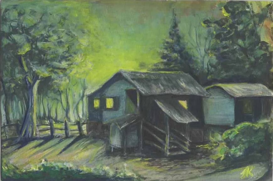 Serene Evening Landscape Gouache Painting