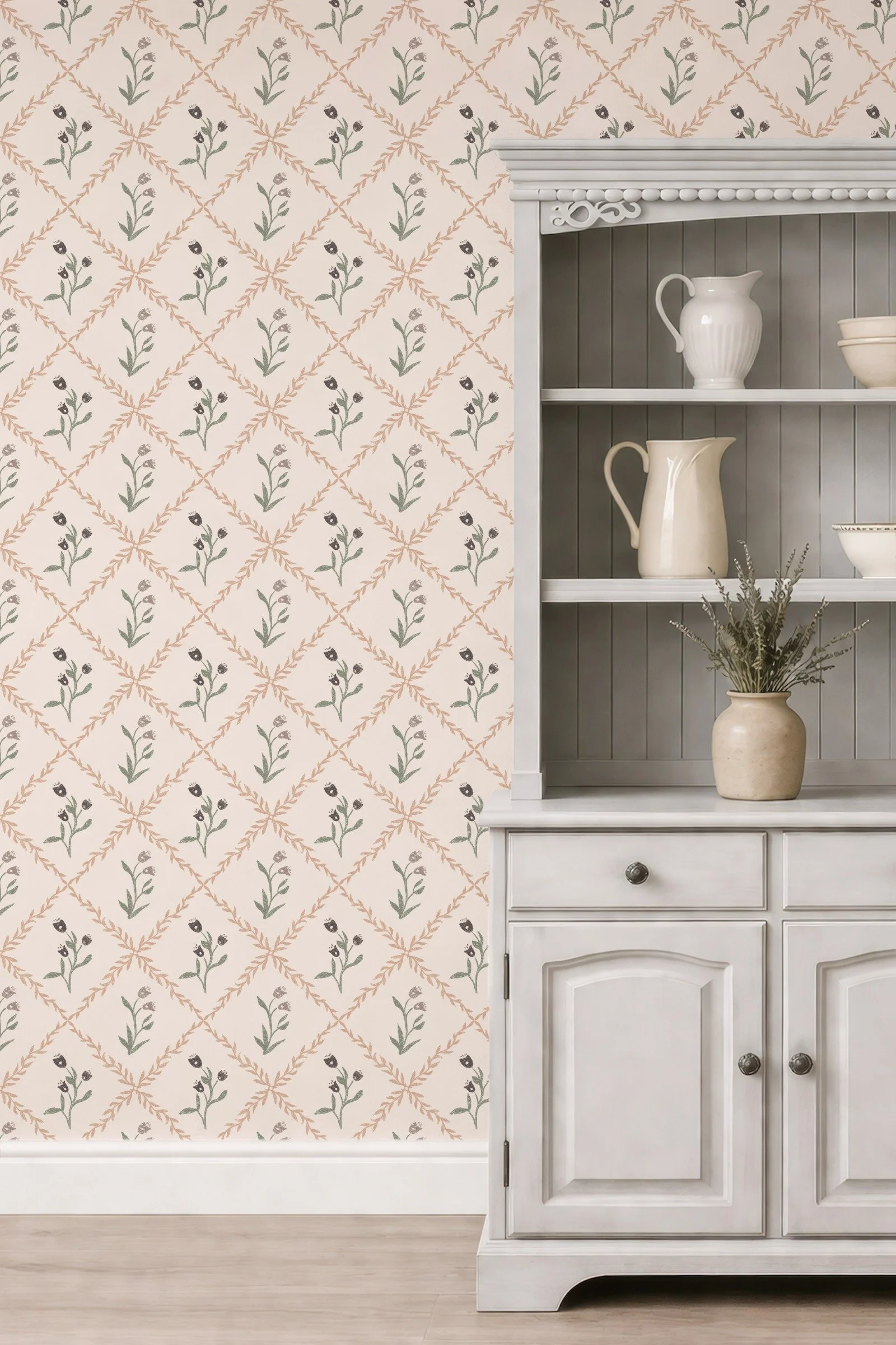 rustic white dining hutch in front of cottagecore grandmacore grandmillennial style pink and sagelattice with floral sprigs wallpaper